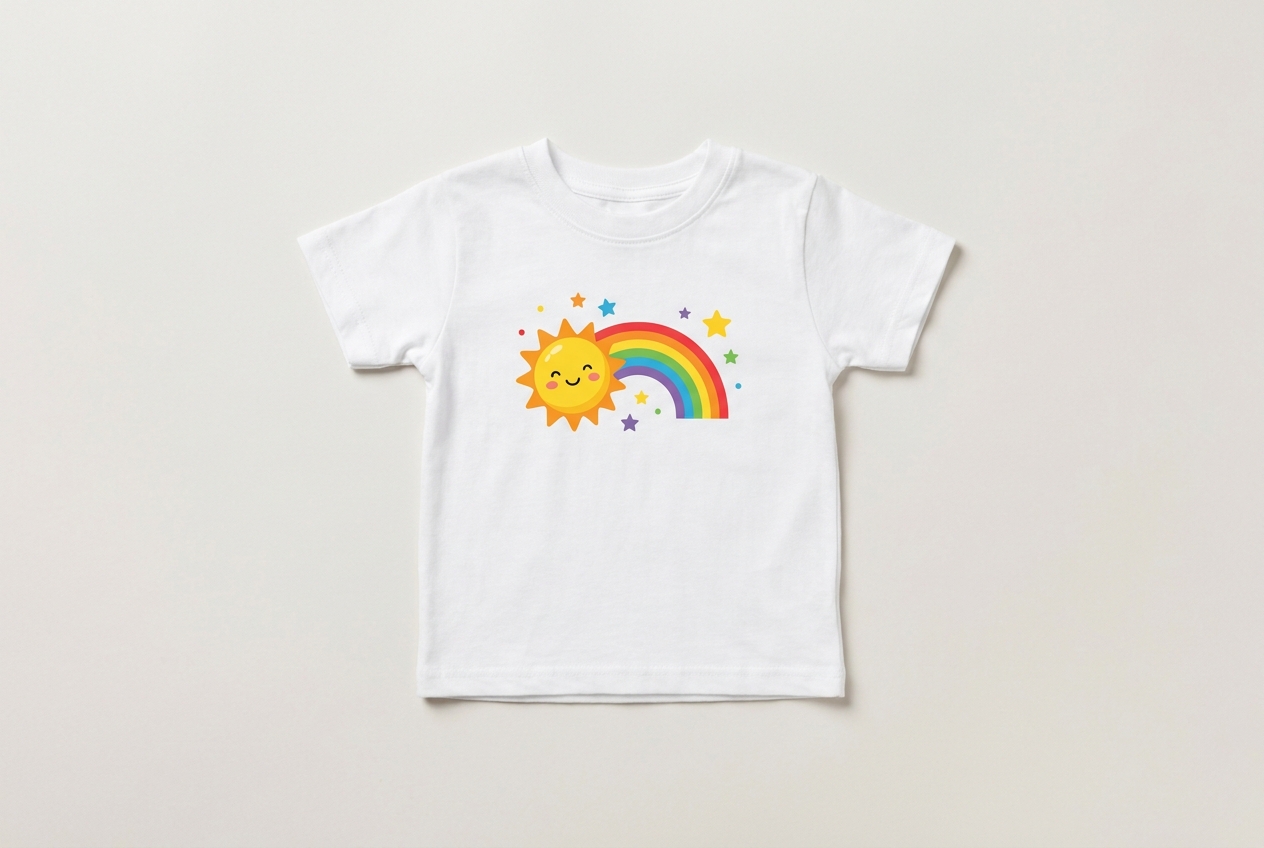 Weißes Kinder-T-Shirt mit fröhlichem Sonne- und Regenbogen-Motiv, bedruckt von Stoff³ Kassel